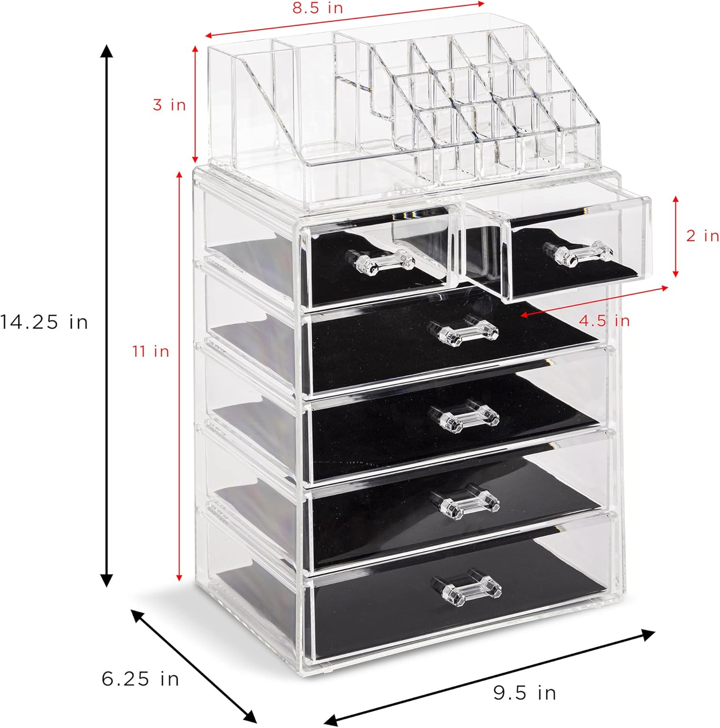 Acrylic Makeup Organizer Set, 6-Drawer Vanity & Countertop Cosmetic Storage with Small & Wide Compartments, Clear Makeup Storage for Brushes, Lipsticks, Jewelry – Holiday Gift for Women & Teens