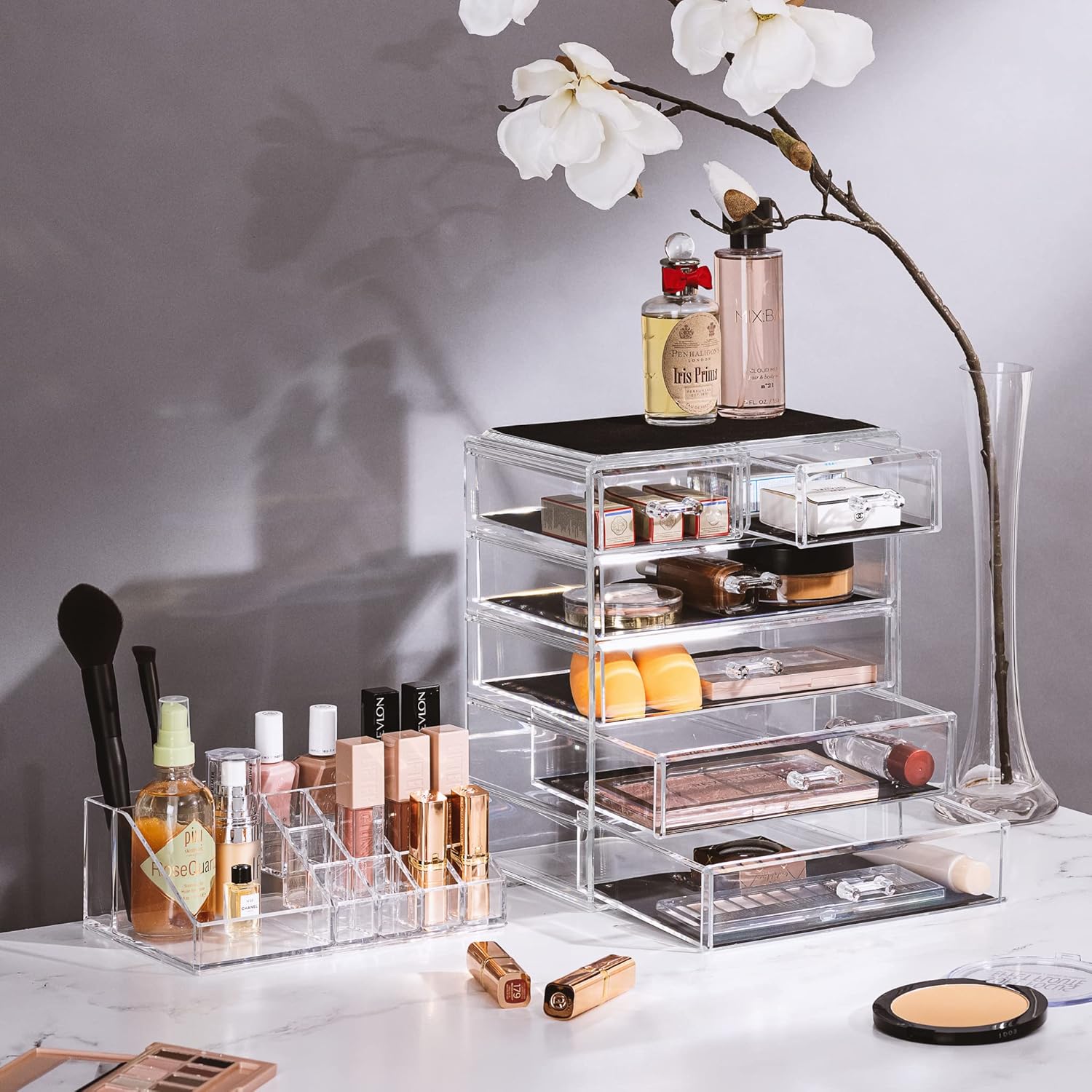 Acrylic Makeup Organizer Set, 6-Drawer Vanity & Countertop Cosmetic Storage with Small & Wide Compartments, Clear Makeup Storage for Brushes, Lipsticks, Jewelry – Holiday Gift for Women & Teens