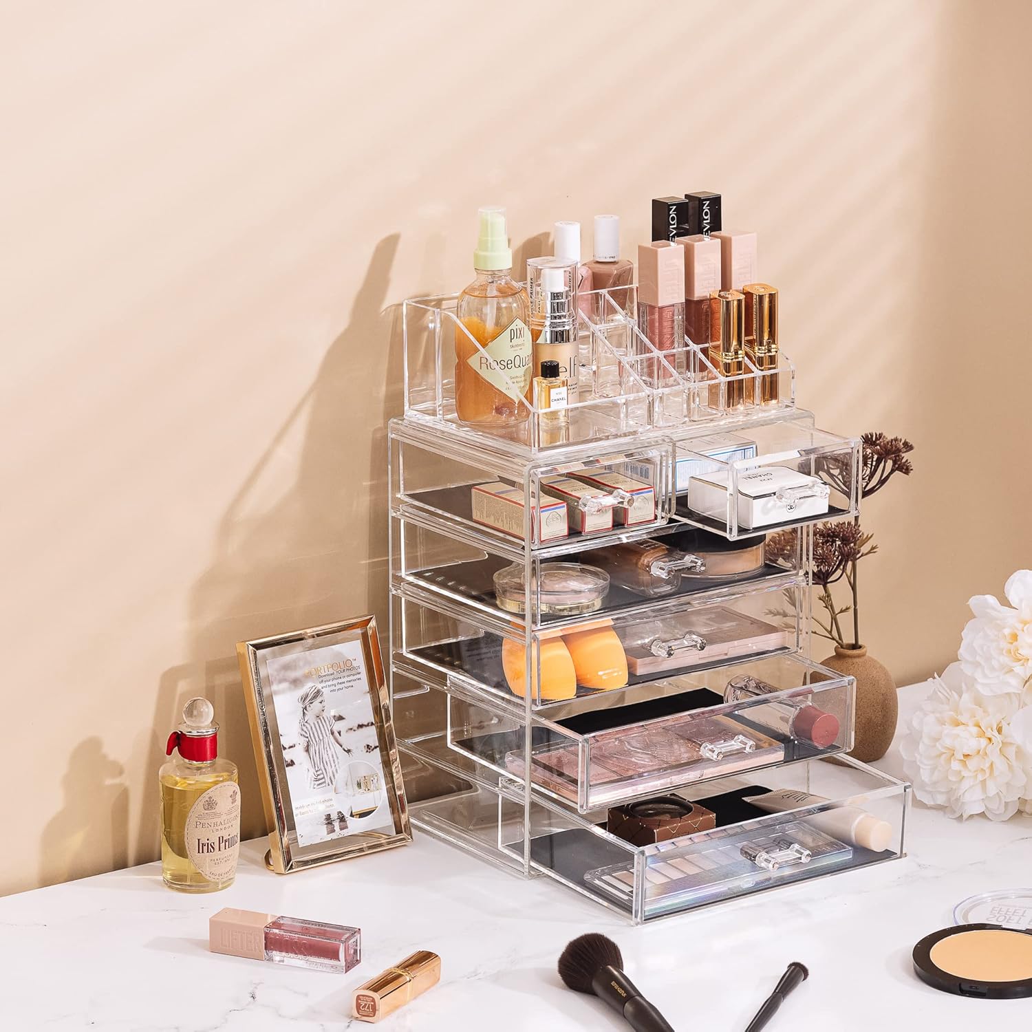 Acrylic Makeup Organizer Set, 6-Drawer Vanity & Countertop Cosmetic Storage with Small & Wide Compartments, Clear Makeup Storage for Brushes, Lipsticks, Jewelry – Holiday Gift for Women & Teens