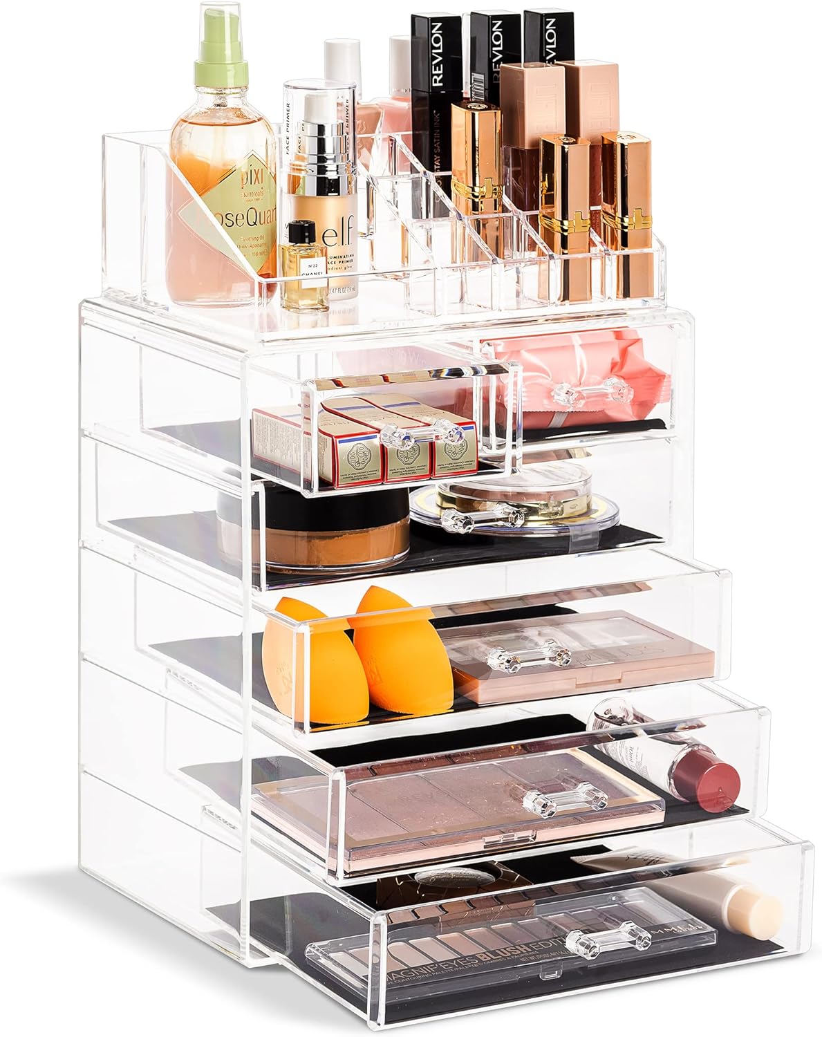 Acrylic Makeup Organizer Set, 6-Drawer Vanity & Countertop Cosmetic Storage with Small & Wide Compartments, Clear Makeup Storage for Brushes, Lipsticks, Jewelry – Holiday Gift for Women & Teens