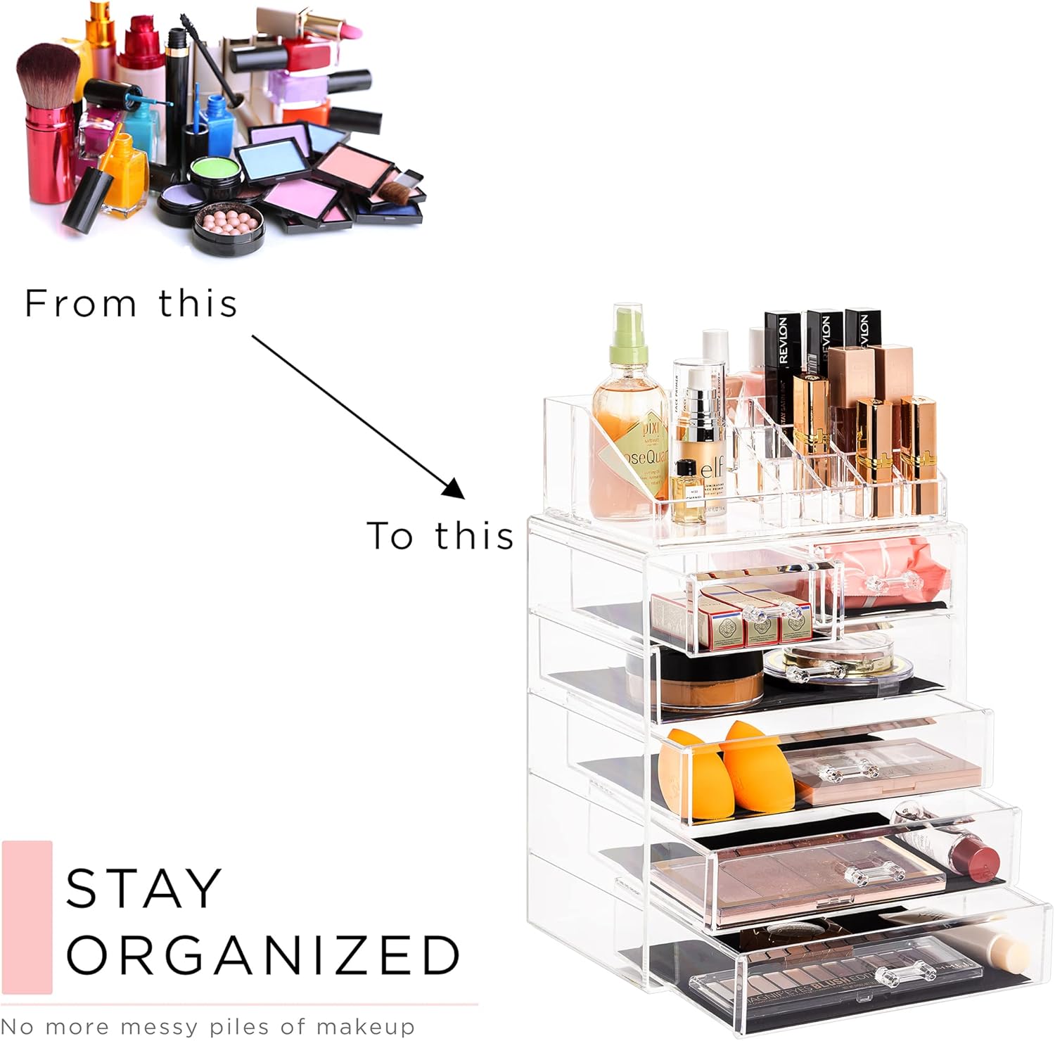 Acrylic Makeup Organizer Set, 6-Drawer Vanity & Countertop Cosmetic Storage with Small & Wide Compartments, Clear Makeup Storage for Brushes, Lipsticks, Jewelry – Holiday Gift for Women & Teens